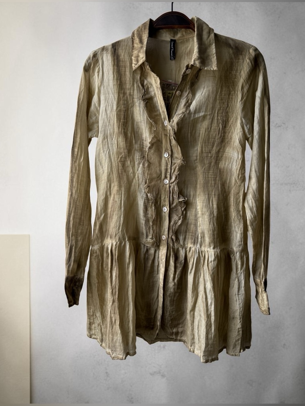 Sacred Threads India Boho Ruffle Tunic Blouse Free Size Olive Beige